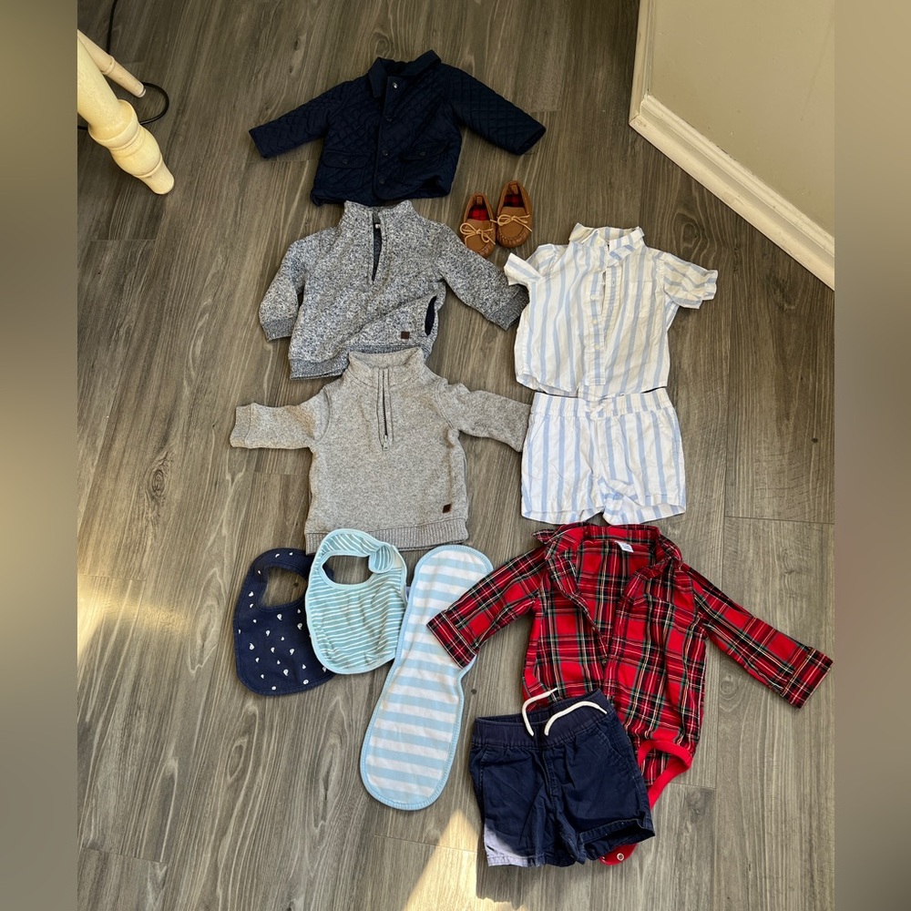 JANIE AND JACK sweater jacket bundle lot shoes  CABANA blu top short shirt 6-12m